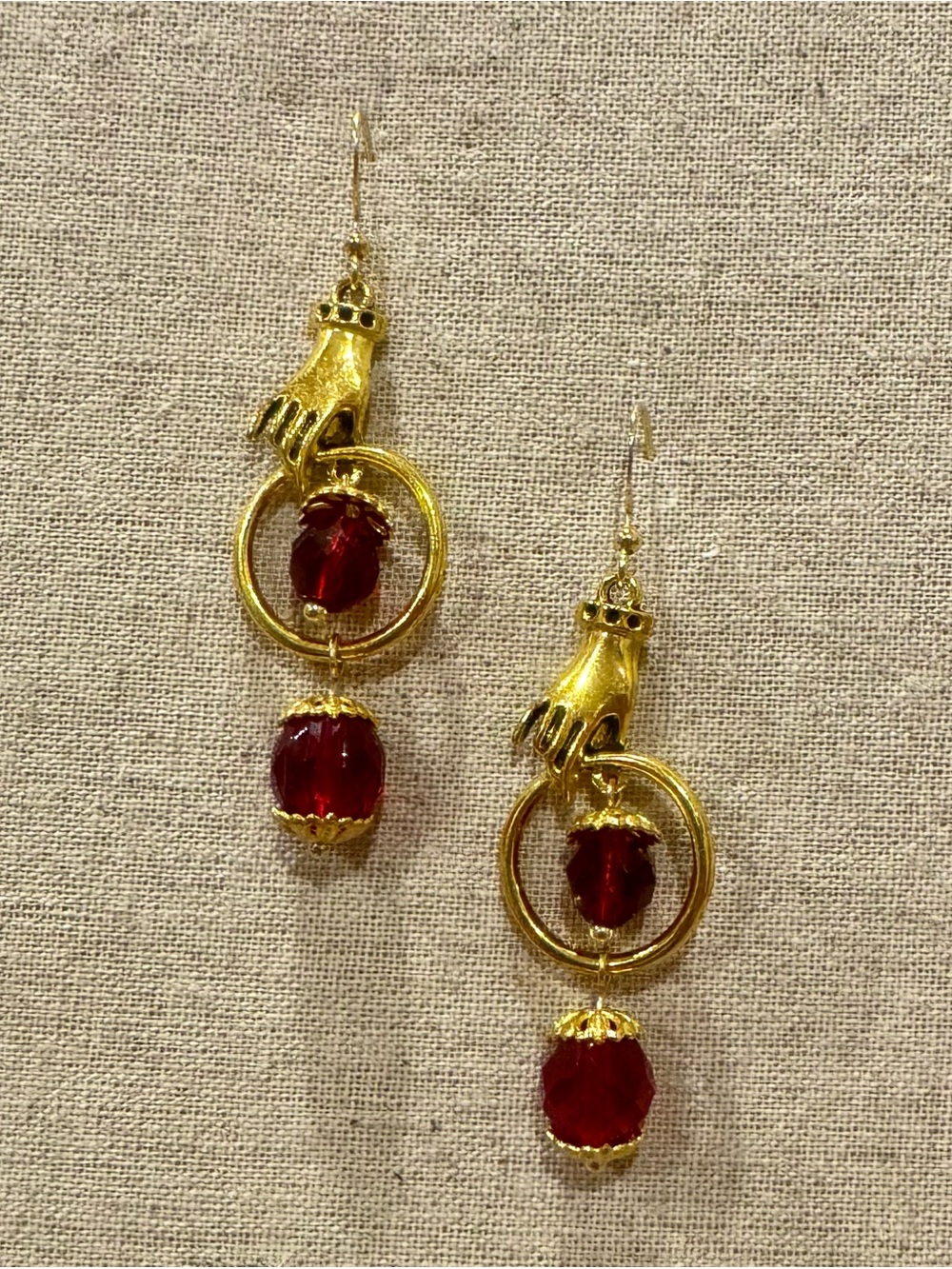 Artisan Gold Hand Hoop Earrings with Deep Red Faceted Glass Drops 🧁